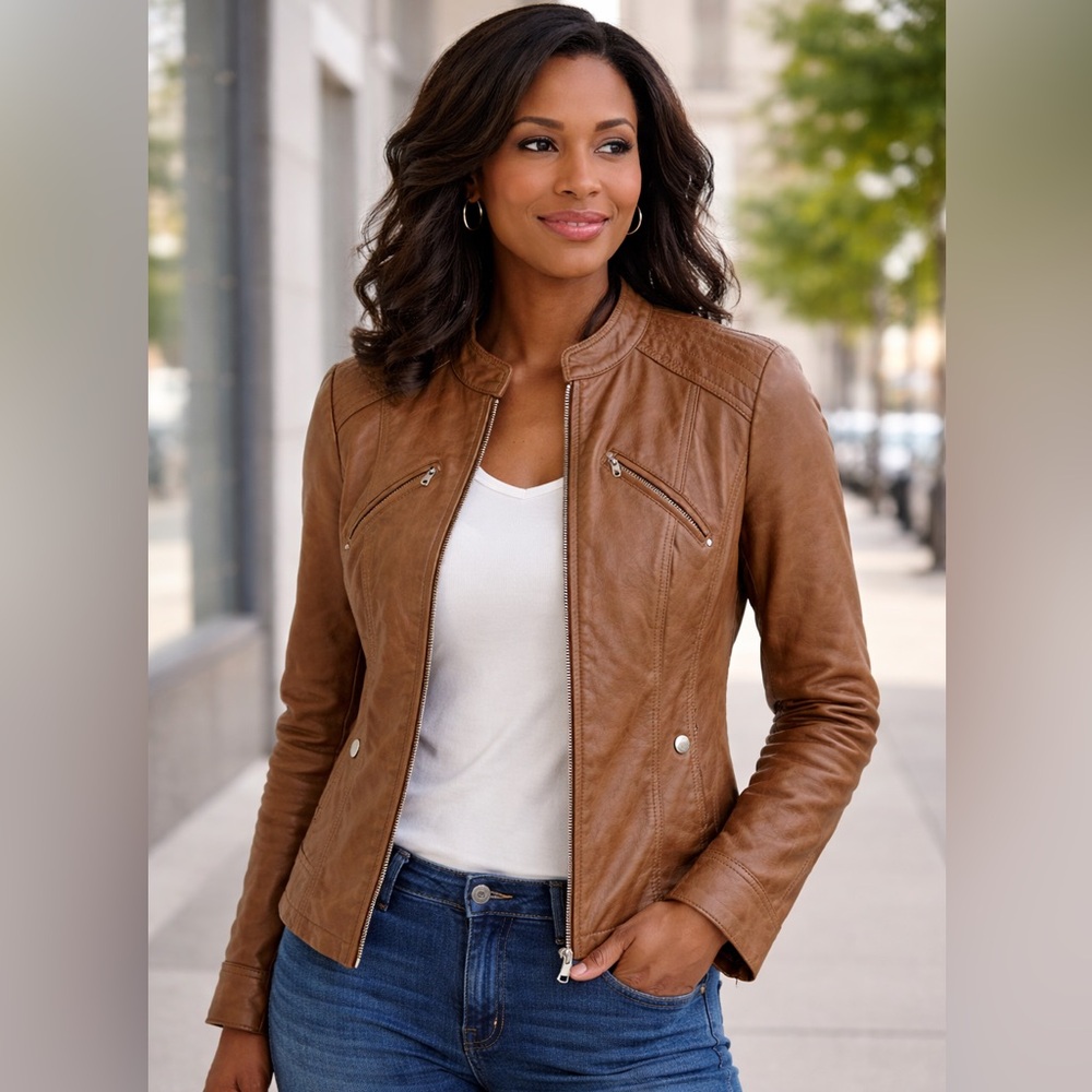 Vero Moda Faux Moto Leather Jacket, Sz Small Brown
